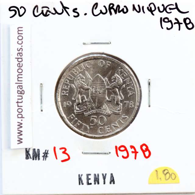 Quénia 50 cêntimos 1978 Cupro-Níquel, Kenya 50 cents 1978 Copper Nickel , World Coins - Kenya KM 13