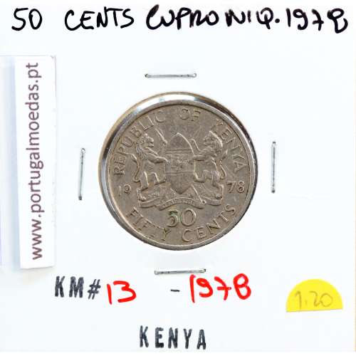 Quénia 50 cêntimos 1978 Cupro-Níquel, Kenya 50 cents 1978 Copper Nickel , World Coins - Kenya KM 13
