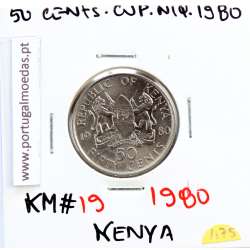 Quénia 50 cêntimos 1980 Cupro-Níquel, Kenya 50 cents 1980 Copper Nickel , World Coins - Kenya KM 19