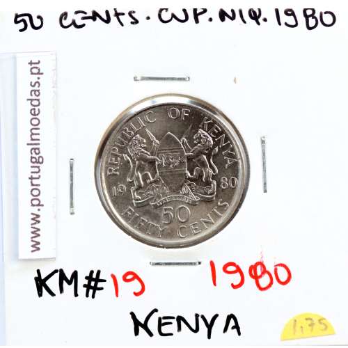 Quénia 50 cêntimos 1980 Cupro-Níquel, Kenya 50 cents 1980 Copper Nickel , World Coins - Kenya KM 19