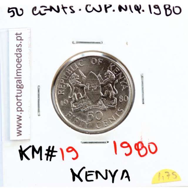 Quénia 50 cêntimos 1980 Cupro-Níquel, Kenya 50 cents 1980 Copper Nickel , World Coins - Kenya KM 19