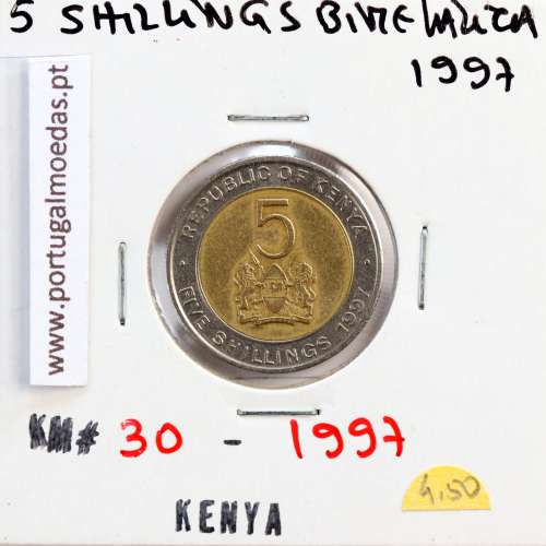 Quénia 5 shillings 1997 Bimetálica, Kenya 5 shillings 1997 Bimetallic, World Coins - Kenya KM 30
