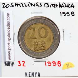 Quénia 20 shillings 1998 Bimetálica, Kenya 20 shillings 1998 Bimetallic, World Coins - Kenya KM 32