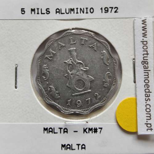 Malta 5 mils 1972 Alumínio, World Coins Malta KM 7, coin of 5 mils 1972 Aluminium