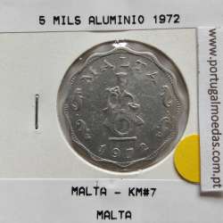 Malta 5 mils 1972 Alumínio, World Coins Malta KM 7, coin of 5 mils 1972 Aluminium
