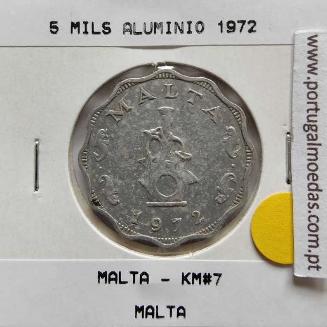 Malta 5 mils 1972 Alumínio, World Coins Malta KM 7, coin of 5 mils 1972 Aluminium