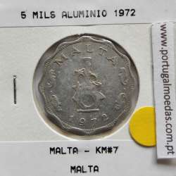 Malta 5 mils 1972 Alumínio, World Coins Malta KM 7, coin of 5 mils 1972 Aluminium