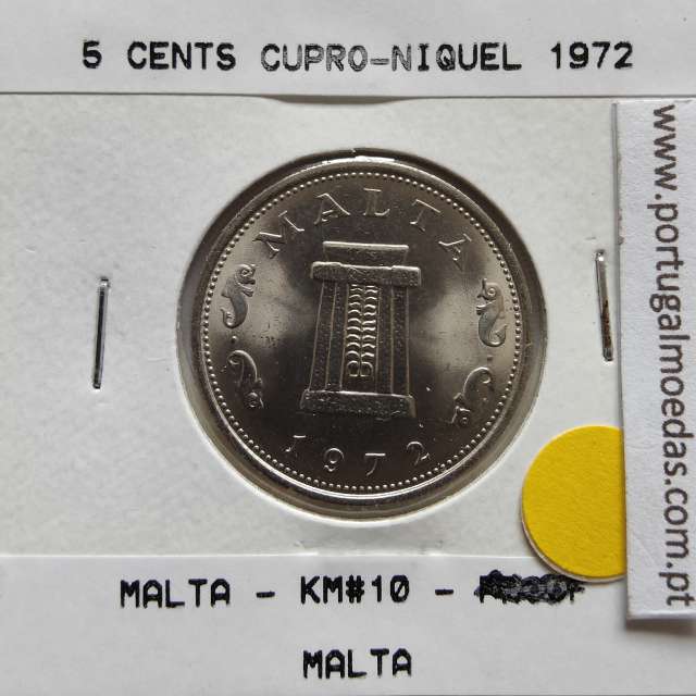 Malta 5 Cents 1972 Cupro-niquel, World Coins Malta KM 10, Coin of 5 Cents 1972 Copper-nickel