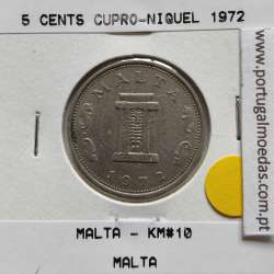 Malta 5 Cents 1972 Cupro-niquel, World Coins Malta KM 10, Coin of 5 Cents 1972 Copper-nickel