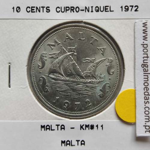 Malta 10 Cents 1972 Cupro-niquel, World Coins Malta KM 11, Coin of 10 Cents 1972 Copper-nickel