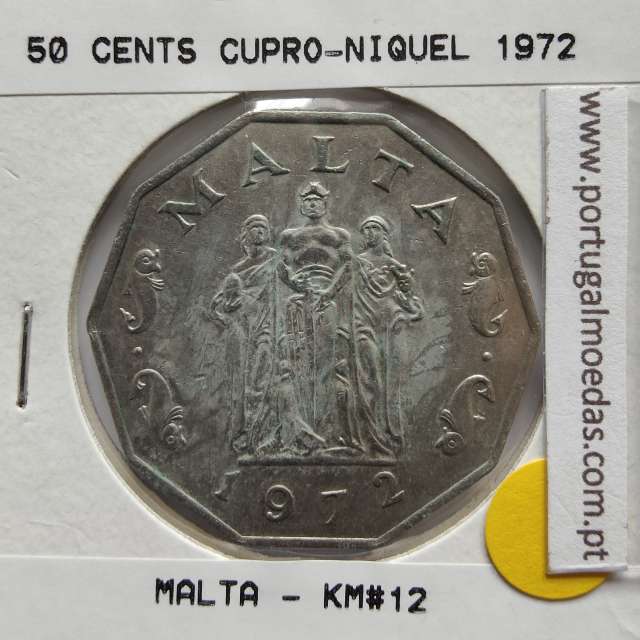 Malta 50 Cents 1972 Cupro-níquel, World Coins Malta KM 12, Coin of 50 Cents 1972 Copper-nickel