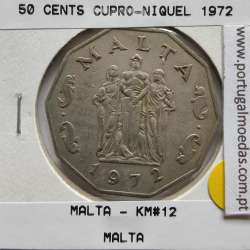 Malta 50 Cents 1972 Cupro-níquel, World Coins Malta KM 12, Coin of 50 Cents 1972 Copper-nickel