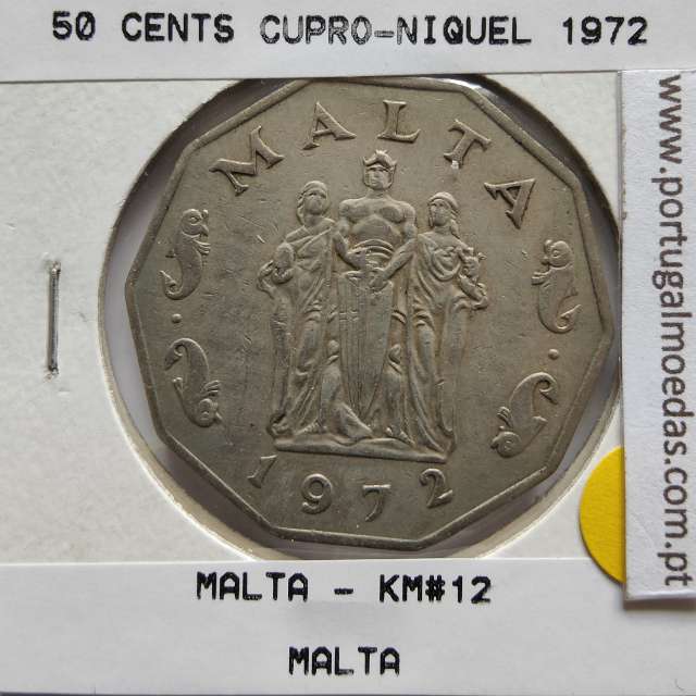 Malta 50 Cents 1972 Cupro-níquel, World Coins Malta KM 12, Coin of 50 Cents 1972 Copper-nickel