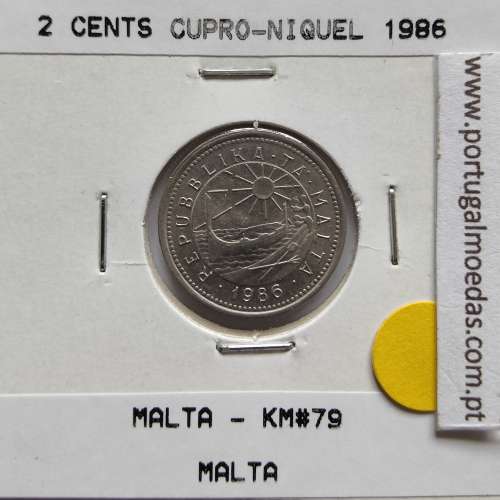 Malta 2 Cents 1986 Cupro-níquel, World Coins Malta KM 79, Coin of 2 Cents 1986 Copper-nickel