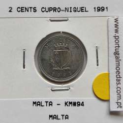 Malta 2 Cents 1991 Cupro-níquel, World Coins Malta KM 94, Coin of 2 Cents 1991 Copper-nickel