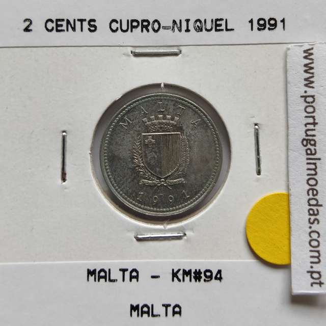 Malta 2 Cents 1991 Cupro-níquel, World Coins Malta KM 94, Coin of 2 Cents 1991 Copper-nickel
