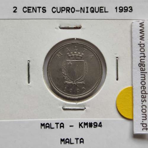 2 Cents 1993 Cupro-níquel, World Coins Malta KM 94, Coin of 2 Cents 1993 Cupro-níquel