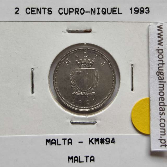 2 Cents 1993 Cupro-níquel, World Coins Malta KM 94, Coin of 2 Cents 1993 Cupro-níquel