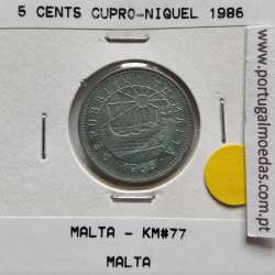 Malta 5 Cents 1986 Cupro-niquel, World Coins Malta KM 77, Coin of 5 Cents 1986 Copper-nickel