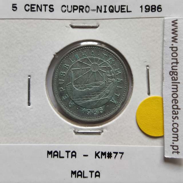 Malta 5 Cents 1986 Cupro-niquel, World Coins Malta KM 77, Coin of 5 Cents 1986 Copper-nickel