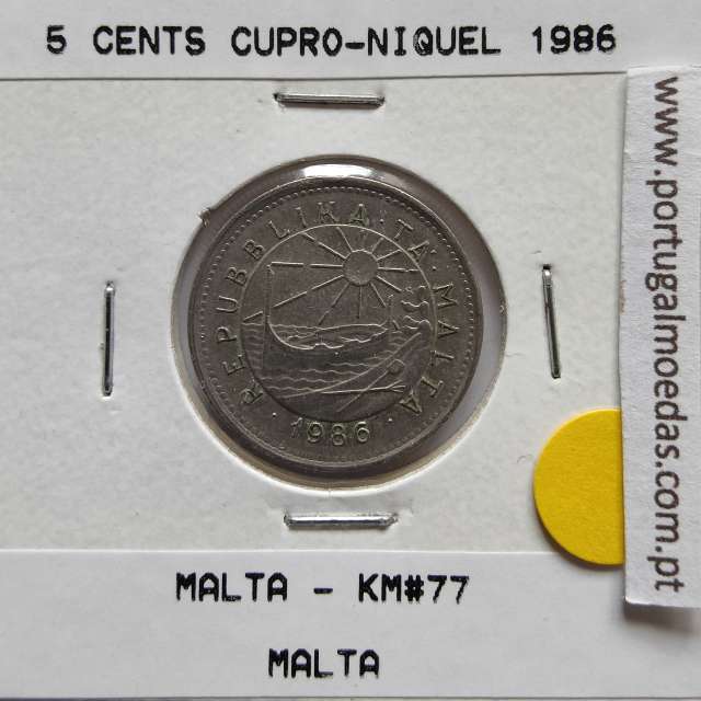 Malta 5 Cents 1986 Cupro-niquel, World Coins Malta KM 77, Coin of 5 Cents 1986 Copper-nickel