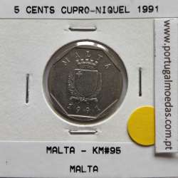 Malta 5 Cents 1991 Cupro-niquel, World Coins Malta KM 95, Coin of 5 Cents 1991 Copper-nickel