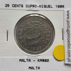 Malta 25 Cents 1986 Cupro-niquel, World Coins Malta KM 80, Coin of 25 Cents 1986 Copper-nickel