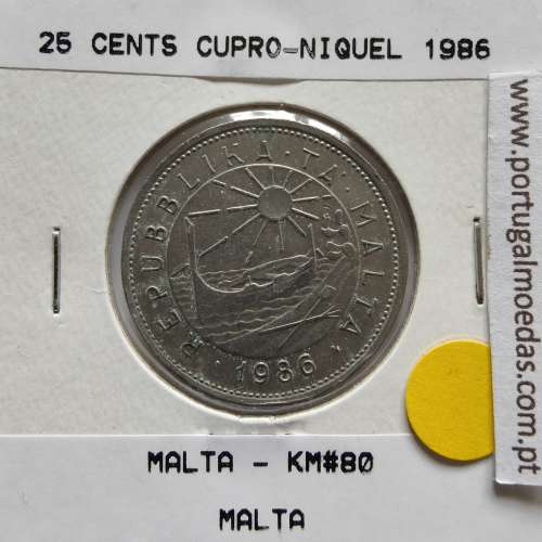 Malta 25 Cents 1986 Cupro-niquel, World Coins Malta KM 80, Coin of 25 Cents 1986 Copper-nickel