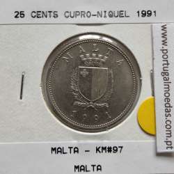 Malta 25 Cents 1991 Cupro-niquel, World Coins Malta KM 97, Coin of 10 Cents 1991 Copper-nickel