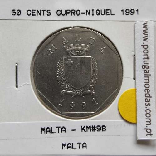 Malta 50 Cents 1991 Cupro-niquel, World Coins Malta KM 98, Coin of 50 Cents 1991 Copper-nickel