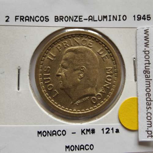 Mónaco 2 francos 1945 Bronze - Alumínio, World Coins Monaco KM 121a, Coin 2 Francos 1945 Aluminium-bronze of the Monaco