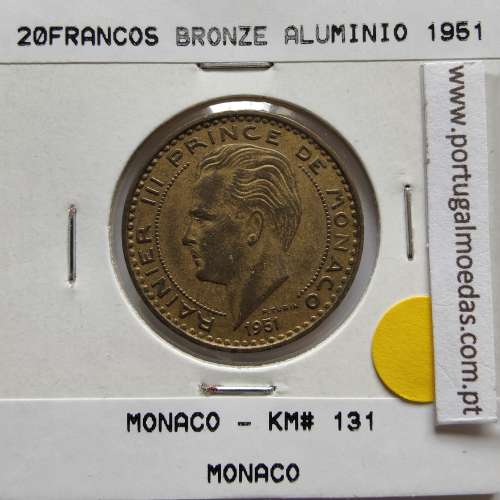 Mónaco 20 francos 1951 Bronze - Alumínio, World Coins Monaco KM 131, coin 20 Francs 1951 Aluminium-bronze of the Monaco