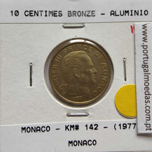 Mónaco 10 Centimes 1977 Bronze - Alumínio, World Coins Monaco KM 142, coin 10 Centimes 1977 Aluminium-Bronze