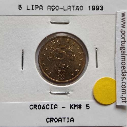 Croácia 5 Lipe 1993 Aço-latão, World Coins Croatia KM 5, coin of 5 Lipe 1993 Brass plated steel