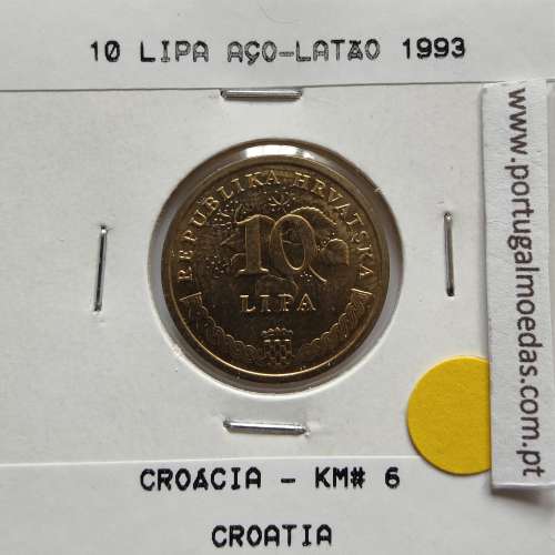 Croácia 10 Lipa 1993 Aço-latão, World Coins Croatia KM 6, coin of 10 Lipa 1993 Brass plated steel