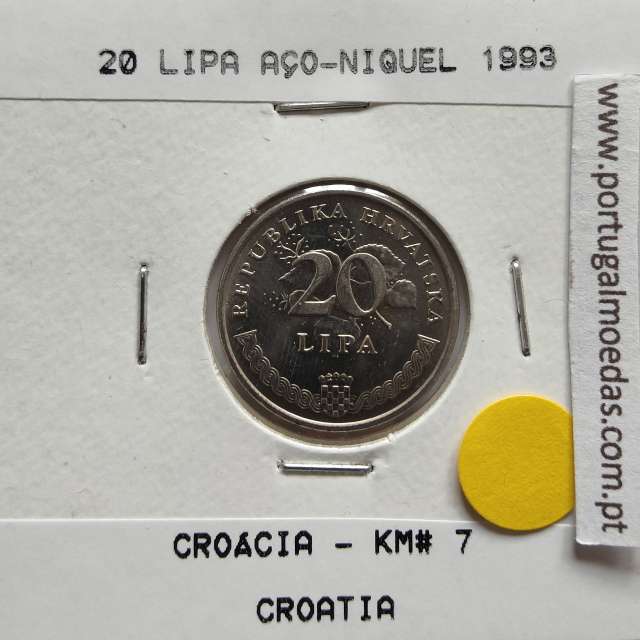 Croácia 20 Lipa 1993 Aço-Niquel, World Coins Croatia KM 7, coin of 20 Lipa 1993 Nickel plated steel