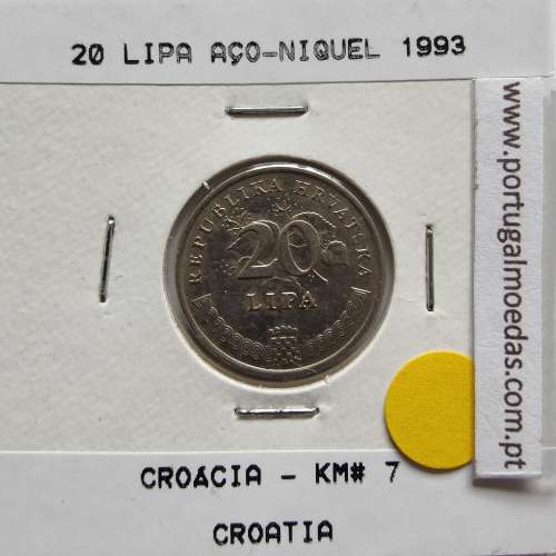 Croácia 20 Lipa 1993 Aço-Niquel, World Coins Croatia KM 7, coin of 20 Lipa 1993 Nickel plated steel