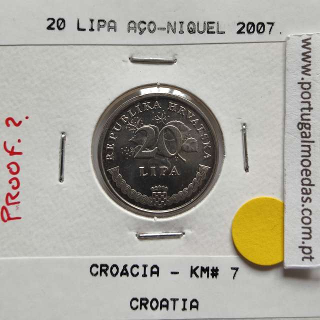 Croácia 20 Lipa 2007 Aço-Niquel, World Coins Croatia KM 7, coin of 20 Lipa 2007 Nickel plated steel