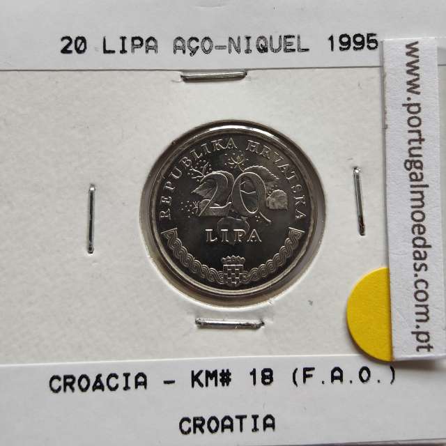 Croácia 20 Lipa 1995 Aço-Niquel, World Coins Croatia KM 18, coin of 20 Lipa 1995 Nickel plated steel