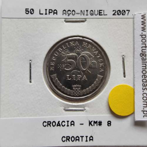 Croácia 50 Lipa 2007 Aço-Niquel, World Coins Croatia KM 8, coin of 50 Lipa 2007 Nickel plated steel