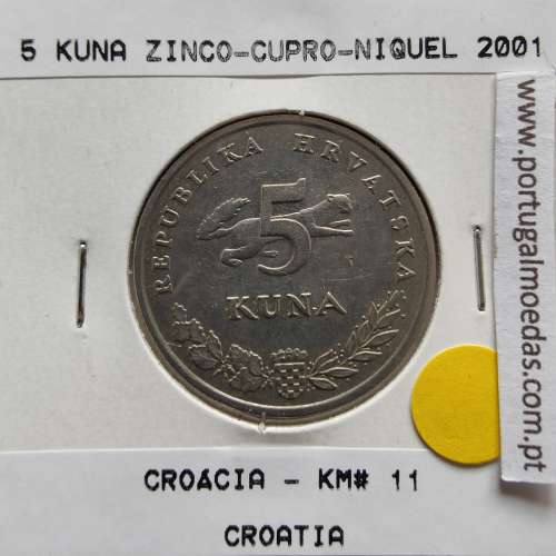 Croácia 5 Kuna 2001 Zinco cupro niquel, World Coins Croatia KM 11, coin of 5 Kuna 2001 Zinc cupro nickel