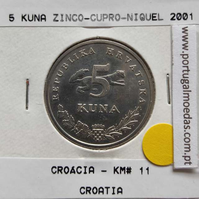 Croácia 5 Kuna 2001 Zinco cupro niquel, World Coins Croatia KM 11, coin of 5 Kuna 2001 Zinc cupro nickel