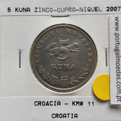 Croácia 5 Kuna 2007 Zinco cupro niquel, World Coins Croatia KM 11, coin of 5 Kuna 2007 Zinc cupro nickel