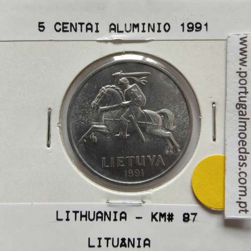 Lituânia 5 Centai 1991 Aluminío, World Coins Lithuania KM 87, coin of 5 centai 1991 Aluminium