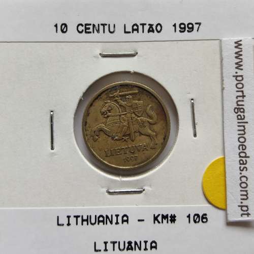 Lituânia 10 Centu 1997 Latão, World Coins Lithuania KM 106, coin of 10 centu 1997 Brass