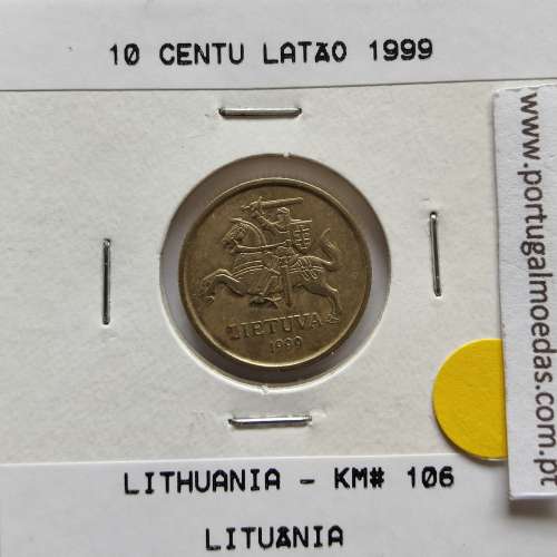 Lituânia 10 Centu 1999 Latão, World Coins Lithuania KM 106, coin of 10 centu 1999 Brass