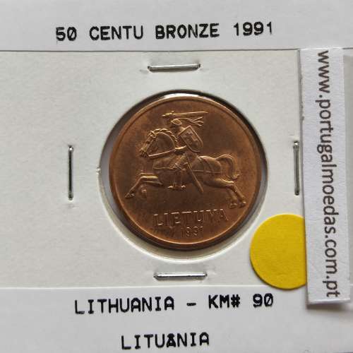 Lituânia 50 Centu 1991 Bronze, World Coins Lithuania KM 90, coin of 50 centu 1991 bronze