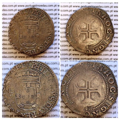 Tostão Prata de D. Filipe II 1598-1621, 100 Reais Prata, Legenda:✣PHILIPPVS.D:G.REX.PORTVGALIAE.ET / ✣IN.HOC.SIGNO.VIN.CEES