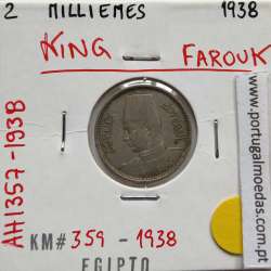 Egito 2 milésimos 1938 - 1357 Cupro-Niquel,  Egypt coin of 2 milliemes 1938 - 1357 Copper-Nickel, World Coins Egypt KM 359