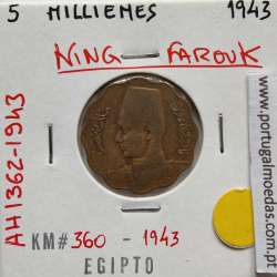 Egito 5 milésimos 1943 - 1362 Bronze,  Egypt coin of 5 milliemes 1943 - 1362 Bronze, World Coins Egypt KM 360